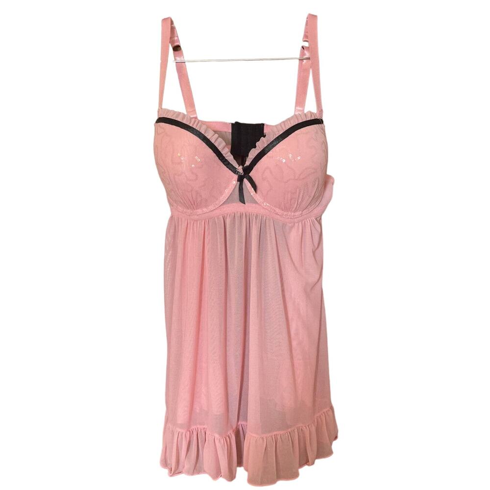 Passion Forever Lingerie Babydoll Bra Top Medium Pink Black Bling Sequin Sexy